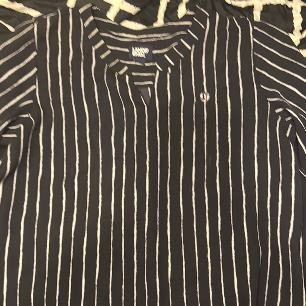 Chase Bank Lands' End Black and White Striped Blouse